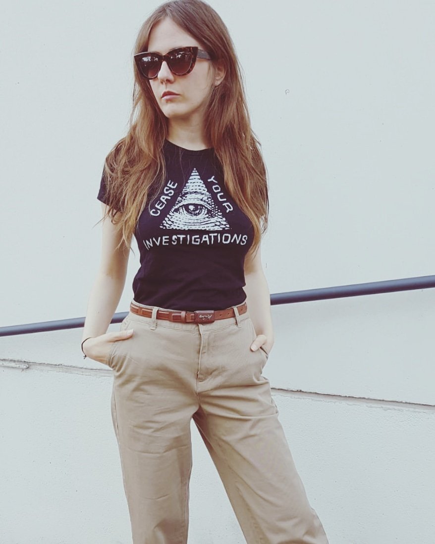 CEASE YOUR INVESTIGATIONS: SECRET ILLUMINATI FEMALE CUT T-SHIRT